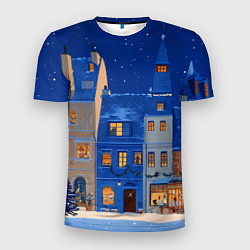 Мужская спорт-футболка Синяя новогодняя елочка во дворе