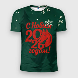 Футболка спортивная мужская С новым 2026 годом - красная надпись, цвет: 3D-принт