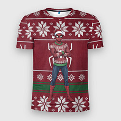 Мужская спорт-футболка Человек паук в вязаном свитере - новый год