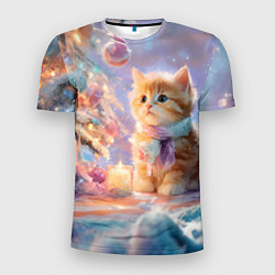 Мужская спорт-футболка Маленький котенок встречает Новый год