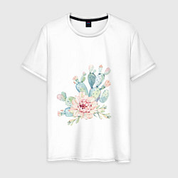 Футболка хлопковая мужская Цветущий кактус акварель, цвет: белый