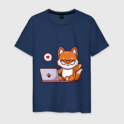 Футболка хлопковая мужская Cute fox and laptop, цвет: тёмно-синий
