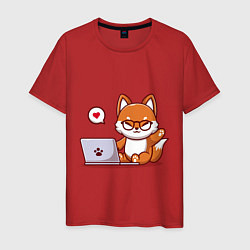 Футболка хлопковая мужская Cute fox and laptop, цвет: красный