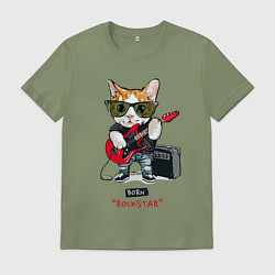 Футболка хлопковая мужская КРУТОЙ КОТ ГИТАРИСТ, цвет: авокадо