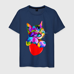 Футболка хлопковая мужская РАДУЖНЫЙ КОТИК RAINBOW KITTY, цвет: тёмно-синий