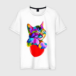 Футболка хлопковая мужская РАДУЖНЫЙ КОТИК RAINBOW KITTY, цвет: белый