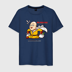 Футболка хлопковая мужская Счастливый Сайтама с пакетами продуктов One Punch-, цвет: тёмно-синий