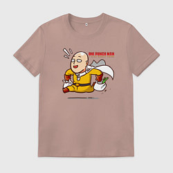 Футболка хлопковая мужская Счастливый Сайтама с пакетами продуктов One Punch-, цвет: пыльно-розовый