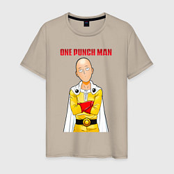 Футболка хлопковая мужская Сайтама безразличие One Punch-Man, цвет: миндальный