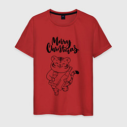 Футболка хлопковая мужская Merry Christmas Тигр с Шампанским, цвет: красный