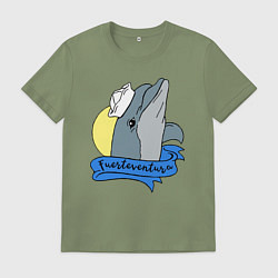 Футболка хлопковая мужская Дельфин на фоне солнца, цвет: авокадо