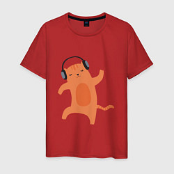 Футболка хлопковая мужская Котик в наушниках 2022, цвет: красный