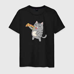 Футболка хлопковая мужская Кот с кусочком пиццы, цвет: черный