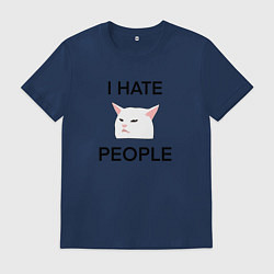 Футболка хлопковая мужская I hate people, текст с белым котом, цвет: тёмно-синий