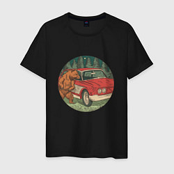 Футболка хлопковая мужская Медведь и машина в лесу, цвет: черный
