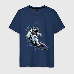 Футболка хлопковая мужская Космонавт на доске - серфинг, цвет: тёмно-синий