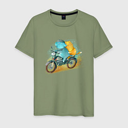Футболка хлопковая мужская Кошки на мотоцикле, цвет: авокадо