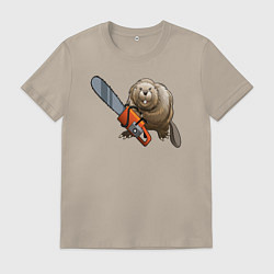 Футболка хлопковая мужская Бобер с бензопилой, цвет: миндальный