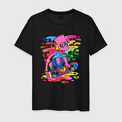 Футболка хлопковая мужская Барт Симпсон - крутой скейтер - разноцветные клякс, цвет: черный