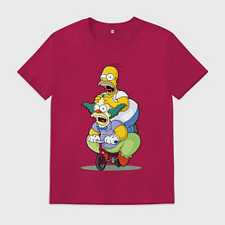 Футболка хлопковая мужская Гомер Симпсон и Клоун Красти едут на детском велос, цвет: маджента