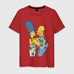 Футболка хлопковая мужская Гомер Симпсон танцует со своей женой Мардж, цвет: красный