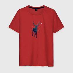 Футболка хлопковая мужская Зимний лес в силуэте стоящего оленя, цвет: красный