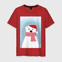 Футболка хлопковая мужская Мультяшный белый медведь в красной шапке с шарфом, цвет: красный