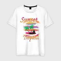 Футболка хлопковая мужская Пальмы на закате в тропиках, цвет: белый