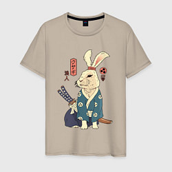 Футболка хлопковая мужская Кролик самурай с мечом, цвет: миндальный