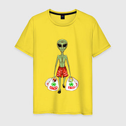 Футболка хлопковая мужская Пришелец на земле с покупками, цвет: желтый