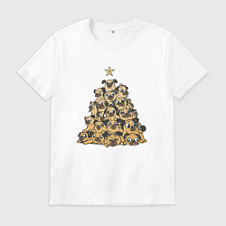 Футболка хлопковая мужская Новогодняя елка из мопсов, цвет: белый