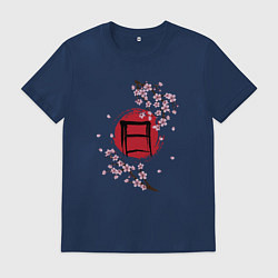 Футболка хлопковая мужская Цветущая сакура и красный круг с японским иероглиф, цвет: тёмно-синий