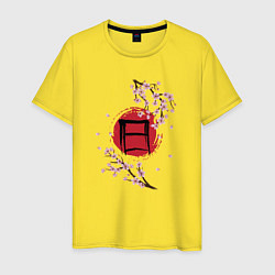 Футболка хлопковая мужская Цветущая сакура и красный круг с японским иероглиф, цвет: желтый