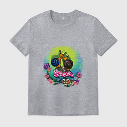 Футболка хлопковая мужская Улитки на грибе любуются закатом, цвет: меланж