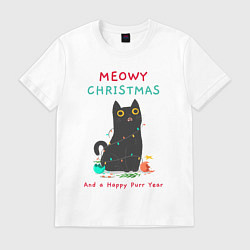 Футболка хлопковая мужская Meowy Christmas and a happy purr year, цвет: белый
