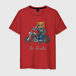 Футболка хлопковая мужская Крутой мотоциклист медведь, цвет: красный