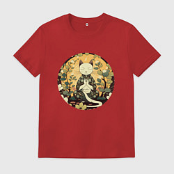 Футболка хлопковая мужская Медитирующий котик, цвет: красный