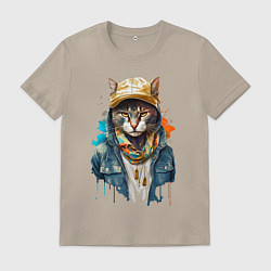 Футболка хлопковая мужская Кот репер, цвет: миндальный