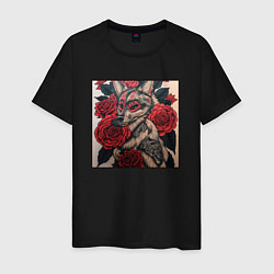 Футболка хлопковая мужская Irezumi - лиса в розах, цвет: черный