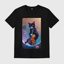 Футболка хлопковая мужская Кот со скрипкой в космосе, цвет: черный