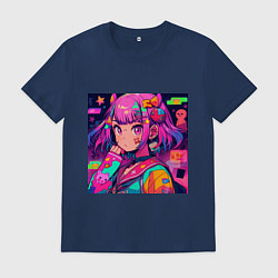 Футболка хлопковая мужская Аниме девушка в свете неона, цвет: тёмно-синий