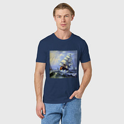 Футболка хлопковая мужская Корабль плывет по бушующему морю, цвет: тёмно-синий — фото 2