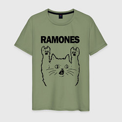 Футболка хлопковая мужская Ramones - rock cat, цвет: авокадо