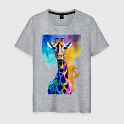 Футболка хлопковая мужская Маленький жирафёнок - Африка - акварель, цвет: меланж