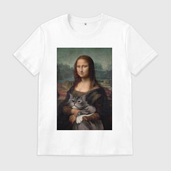 Футболка хлопковая мужская Мона Лиза с котиком, цвет: белый