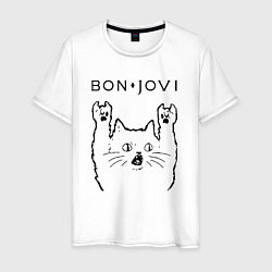 Футболка хлопковая мужская Bon Jovi - rock cat, цвет: белый