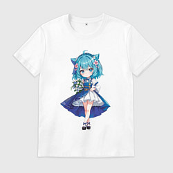 Футболка хлопковая мужская Аниме девушка-кошка в синем платье с букетом цвето, цвет: белый