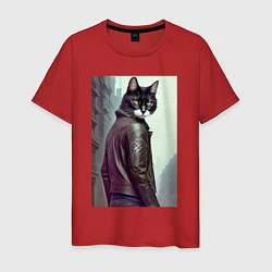 Футболка хлопковая мужская Модный котяра - Лондон - нейросеть, цвет: красный