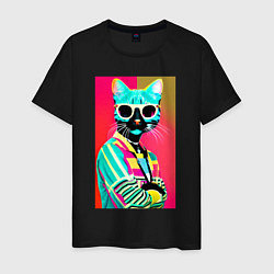 Футболка хлопковая мужская Cat in sunglasses - pop art, цвет: черный