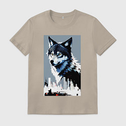 Футболка хлопковая мужская Волчара в мегаполисе, цвет: миндальный